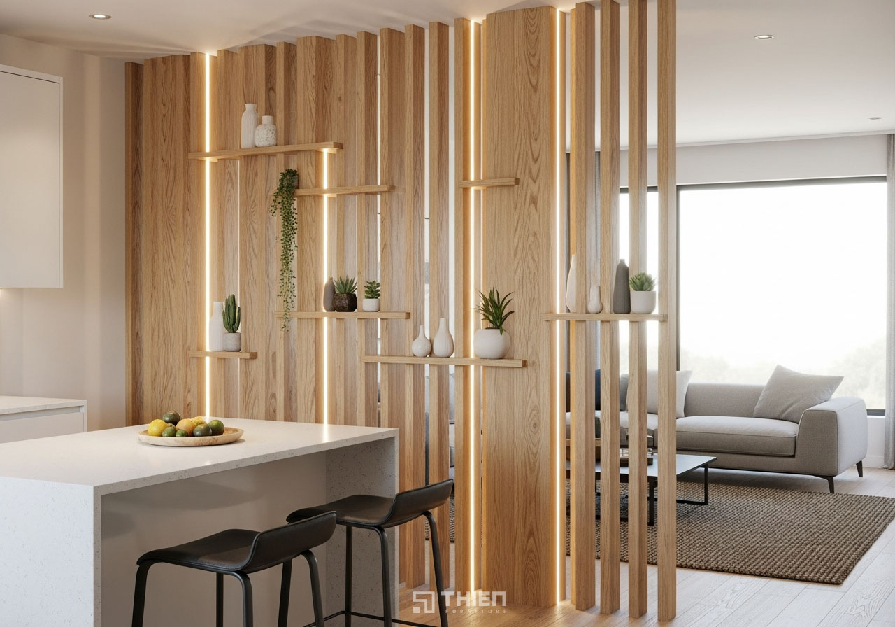 vách ngăn giữa phòng khách và bếp