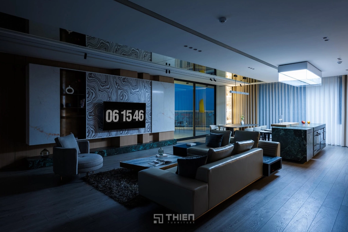 nội thất phòng khách trắng đen