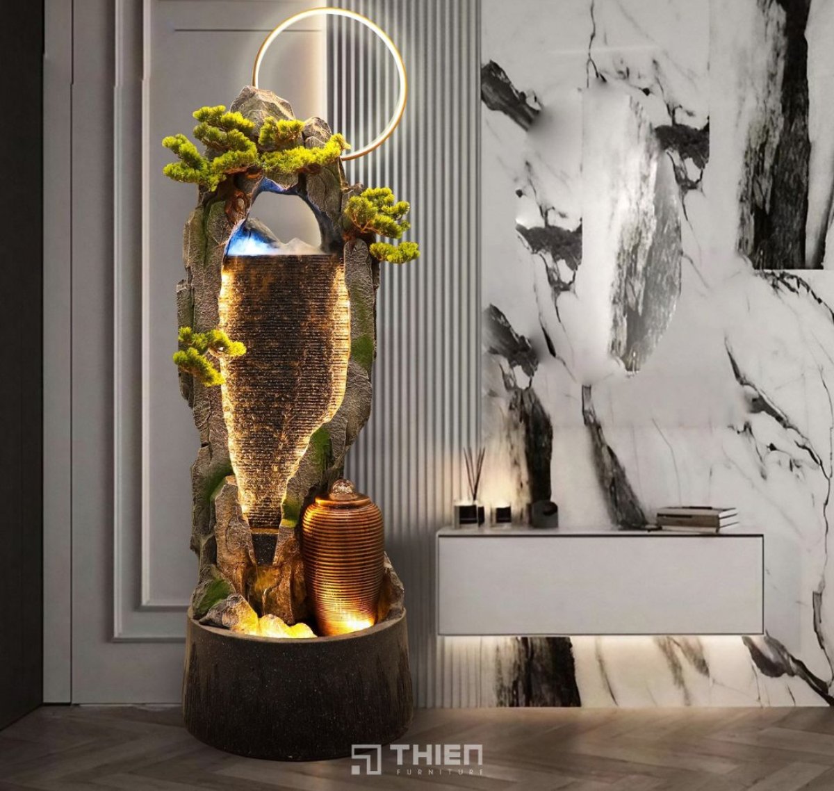 Trang trí thác nước phong thủy trong phòng khách