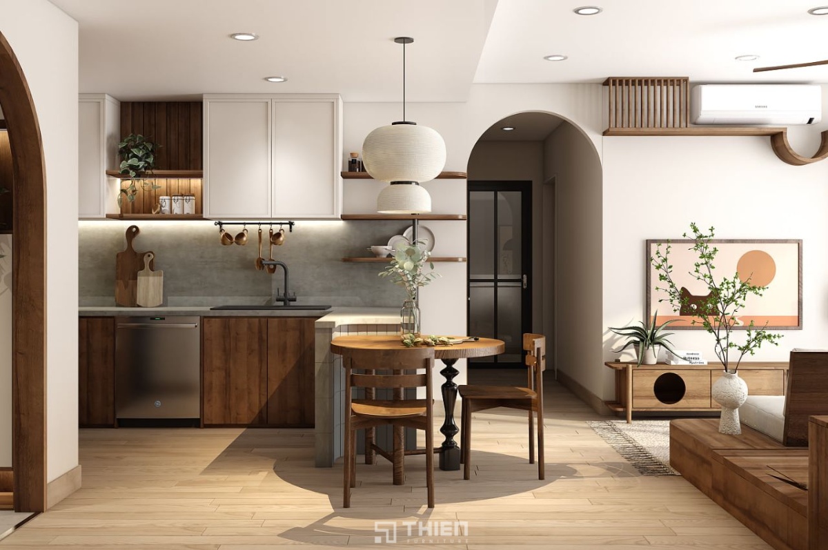 Phòng khách liền kề bếp đẹp, hiện đại, tiện nghi