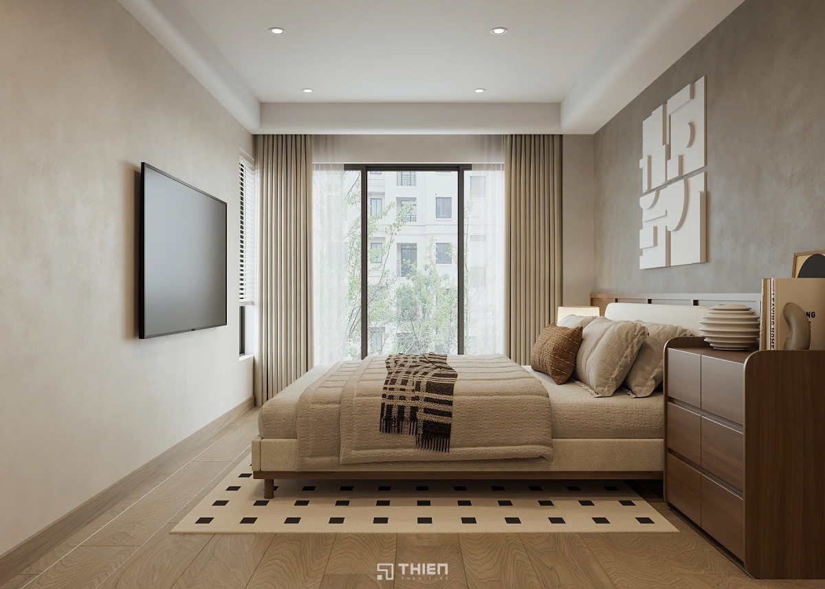 Phòng ngủ được trang trí nhẹ nhàng bằng rèm cửa